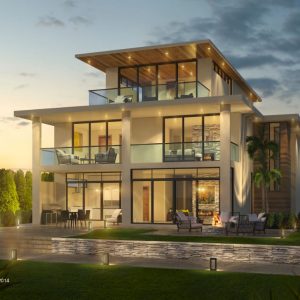 Rear elevation rendering of a three story modern home depicting large floor-to-ceiling windows and sliders.